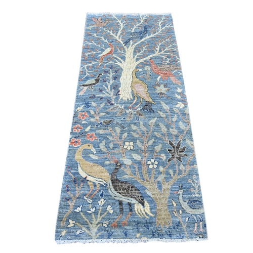 Stone Blue, Afghan Peshawar with Birds of Paradise Design, Vegetable Dyes, Hand Knotted, Soft and Shiny Wool, Runner, Oriental 