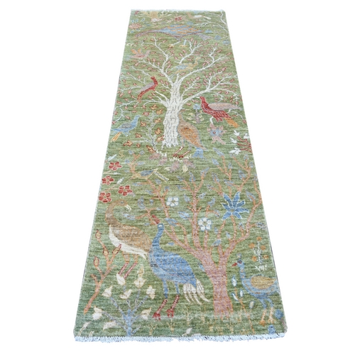 Olive Green, Afghan Peshawar with Colorful Birds of Paradise Design, Hand Knotted, Soft Wool, Natural Dyes, Runner, Oriental 