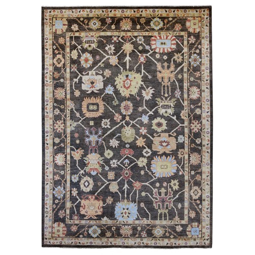 Charcoal Black, Afghan Angora Oushak with Colorful Leaf Design, Densely Woven, Hand Knotted, 100% Wool, Oriental 