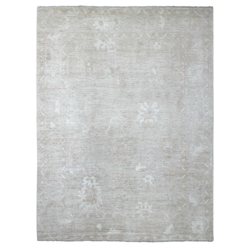 Light Brown, Hand Knotted, Afghan Angora Oushak with Faded Out Leaf Design, Densely Woven, 100% Wool, Oriental 