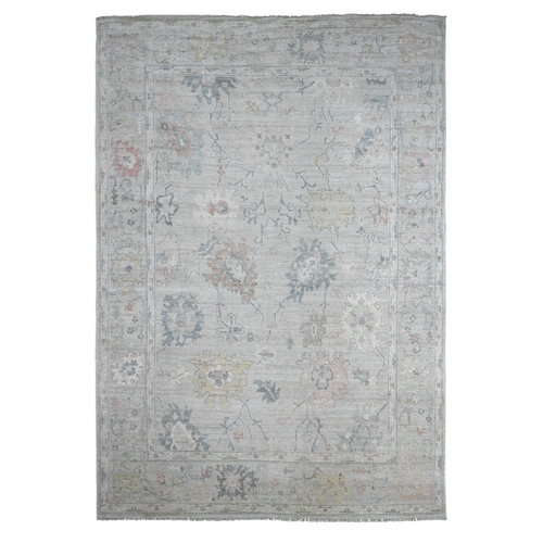 Light Gray, Afghan Angora Oushak with All Over Leaf Design, Densely Woven, 100% Wool, Hand Knotted, Oriental 