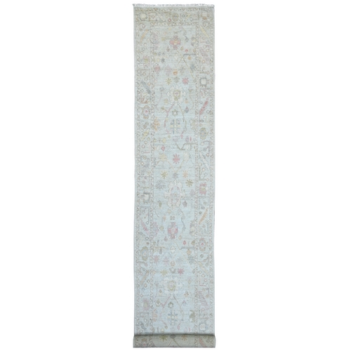 Light Blue, Afghan Angora Oushak with All Over Design, Hand Knotted, 100% Wool, Densely Woven, XL Runner, Oriental 