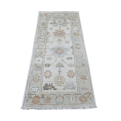 Oyster White, Afghan Angora Oushak with All Over Leaf Design, Densely Woven, Hand Knotted, 100% Wool, Runner, Oriental 