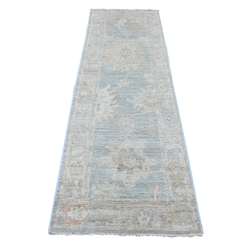 Slate Blue, Hand Knotted, Afghan Angora Oushak with Large Leaf Design, Densely Woven, 100% Wool, Runner, Oriental 