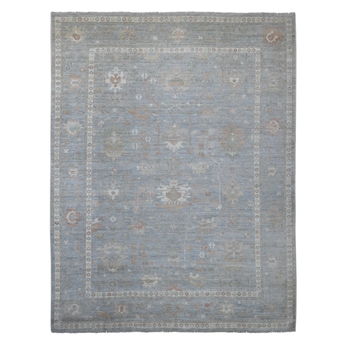 Slate Blue, Afghan Angora Oushak with All Over Leaf Design, Densely Woven, Hand Knotted, 100% Wool, Oriental 