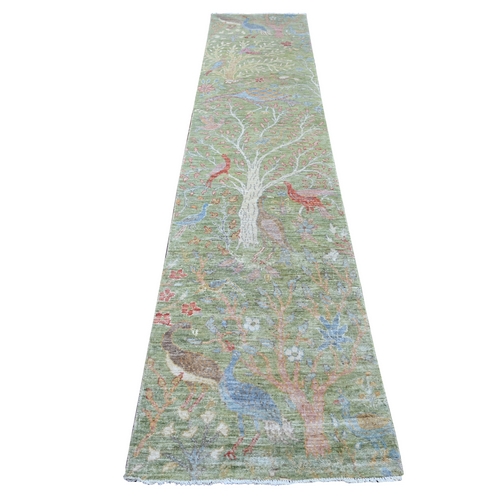 Swamp Green, Afghan Peshawar with Colorful Birds of Paradise Design, Hand Knotted, Soft Wool, Vegetable Dyes, Runner, Oriental 