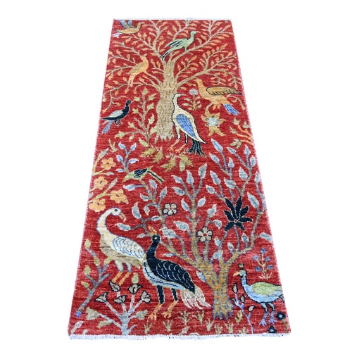 Crimson Red, Afghan Peshawar with Birds of Paradise Design, Hand Knotted, Soft and Shiny Wool, Vegetable Dyes, Runner, Oriental 