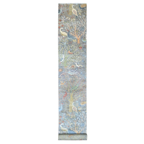 Cloud Gray, Afghan Peshawar with Birds of Paradise Design, Hand Knotted, Soft and Velvety Wool, Vegetable Dyes, XL Runner, Oriental 