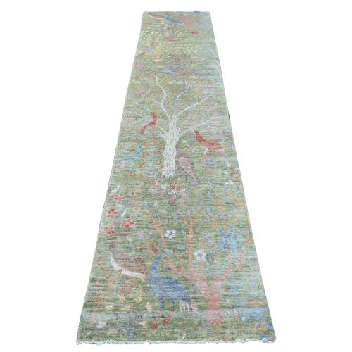 Pickle Green, Afghan Peshawar with Birds of Paradise Design, Hand Knotted, Soft and Velvety Wool, Natural Dyes, Runner, Oriental 