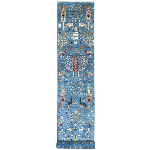 Marlin Blue, Birds of Paradise Design with Cypress Trees, Hand Knotted, High Mountain Wool, Soft Pile, Vegetable Dyes, Densely Woven, XL Runner, Oriental 