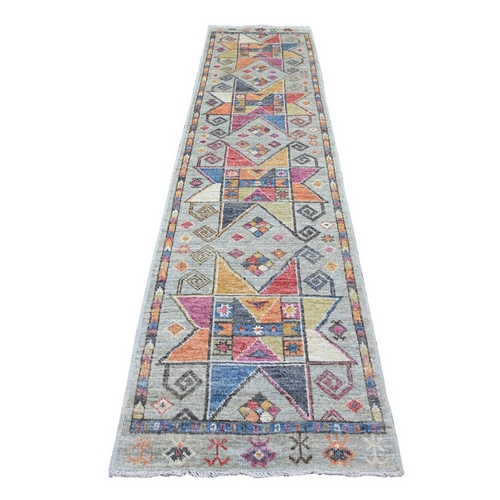 Spanish Gray, Hand Knotted, Anatolian Village Inspired Design, Geometric Medallions, Pure Wool, Vegetable Dyes, Runner, Oriental 
