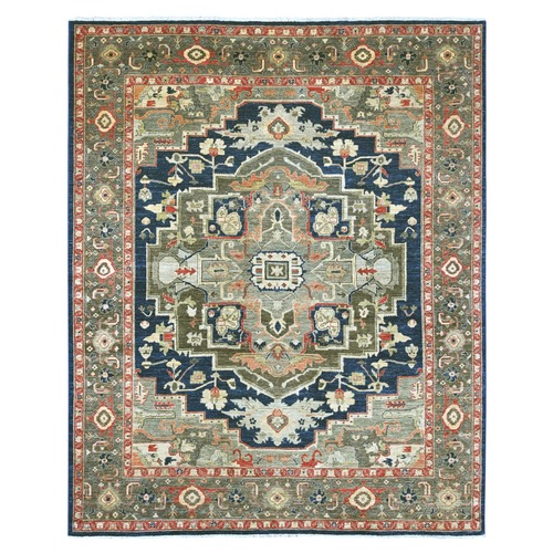 Yale Blue, Serapi Heriz with Large Medallion Design, Aryana Collection, Vegetable Dyes, Hand Knotted, High Mountain Wool, Densely Woven, Oriental 