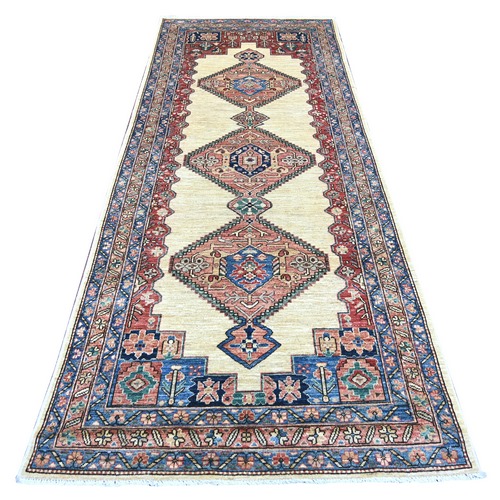 Chiffon White, Bakshaish Design, Open Field with Serrated Medallions, Hand Knotted, High Mountain Wool, Aryana Grade, Soft Pile, Vegetable Dyes, Densely Woven, Wide Runner, Oriental 