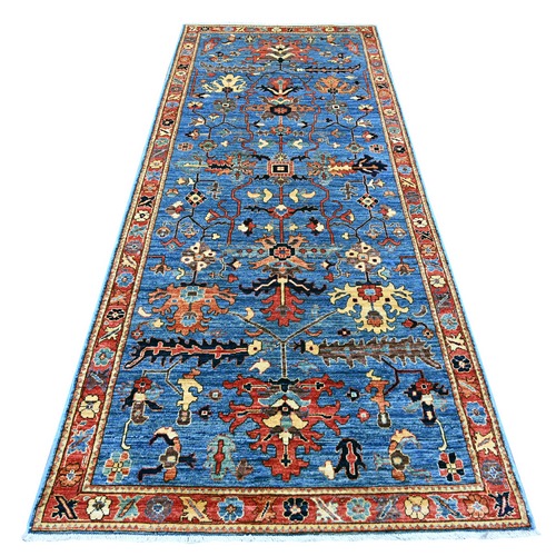 Bayern Blue, Heriz All Over Design, Aryana Collection, Vegetable Dyes, Hand Knotted, Soft Pile, High Mountain Wool, Densely Woven, Wide Runner, Oriental 