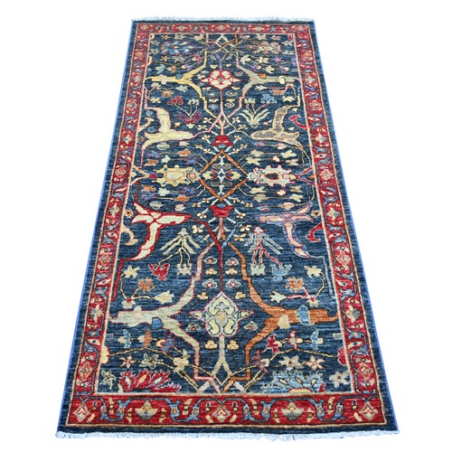 Aegean Blue, Aryana Collection, Peshawar with Bijar Garus Design, High Mountain Wool, Hand Knotted, Vegetable Dyes, Densely Woven, Runner, Oriental 
