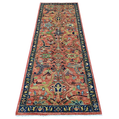 Coral Red, Aryana Collection, Peshawar with Bijar Garus Design, High Mountain Wool, Hand Knotted, Vegetable Dyes, Densely Woven, Runner, Oriental 