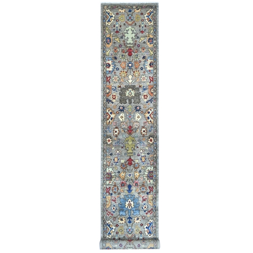 Spanish Gray, Heriz All Over Design, Aryana Collection, Vegetable Dyes, Hand Knotted, Soft Pile, High Mountain Wool, Densely Woven, XL Runner, Oriental 