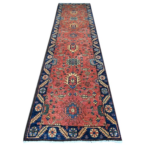 Coral Red, Antiqued Heriz Design, Vegetable Dyes, High Mountain Wool, Aryana Grade, Hand Knotted, Soft Pile, Densely Woven, Wide Runner, Oriental 