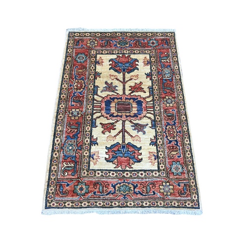 Cream White, Hand Knotted, Heriz Design, High Mountain Wool, Aryana Grade, Soft Pile, Vegetable Dyes, Densely Woven, Mat, Sample, Oriental 