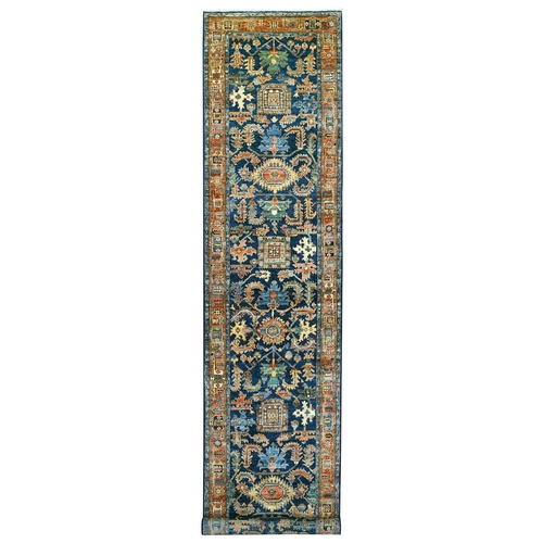 Yale Blue, Northwest Persian with Serrated Gul Motif, Hand Knotted, Aryana Collection, Vegetable Dyes, Soft Pile, High Mountain Wool, Densely Woven, XL Runner, Oriental 