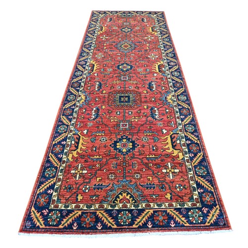 Crimson Red, Hand Knotted, Heriz All Over Design, Aryana Grade, Vegetable Dyes, High Mountain Wool, Soft Pile, Densely Woven, Wide Runner, Oriental 