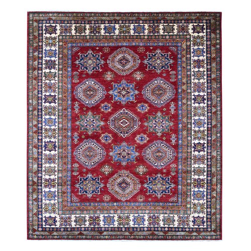 Crimson Red, Afghan Super Kazak with Geometric Medallions Design, Hand Knotted, Pure Wool, Vegetable Dyes, Oriental 