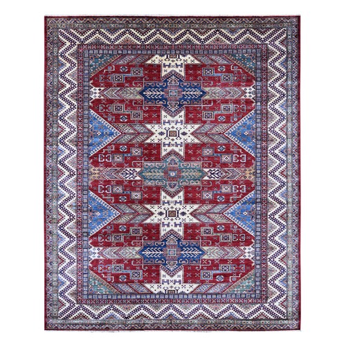Scarlet Red, Afghan Super Kazak with Geometric Design, Hand Knotted, Pure Wool, Vegetable Dyes, Oriental 