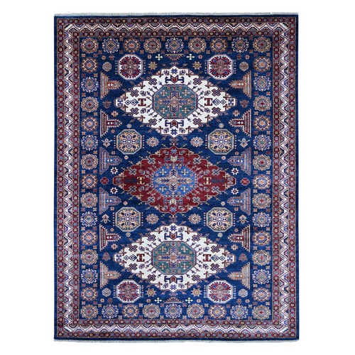 Imperial Blue, Afghan Super Kazak with Geometric Medallions Design, Hand Knotted, Pure Wool, Vegetable Dyes, Oriental 