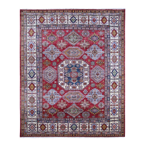 Barn Red, Afghan Super Kazak with Geometric Medallions Design, Hand Knotted, Pure Wool, Vegetable Dyes, Oriental 