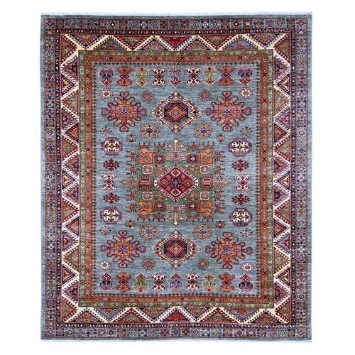 Sonic Gray, Afghan Super Kazak with Tribal Medallion, Hand Knotted, Pure Wool, Vegetable Dyes, Oriental 