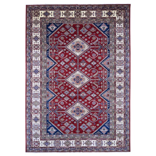 Ruby Red, Afghan Super Kazak with Geometric Medallions Design, Hand Knotted, Pure Wool, Vegetable Dyes, Oriental 