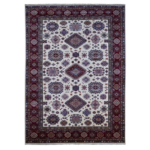Cream White, Afghan Super Kazak with Geometric Medallions Design, Hand Knotted, Soft and Shiny Wool, Vegetable Dyes, Oriental 