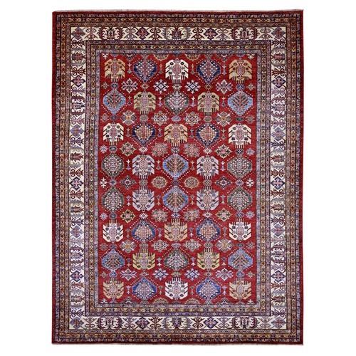 Crimson Red, Hand Knotted, Afghan Super Kazak with Geometric Medallions Design, Soft and Vibrant Wool, Vegetable Dyes, Oriental 