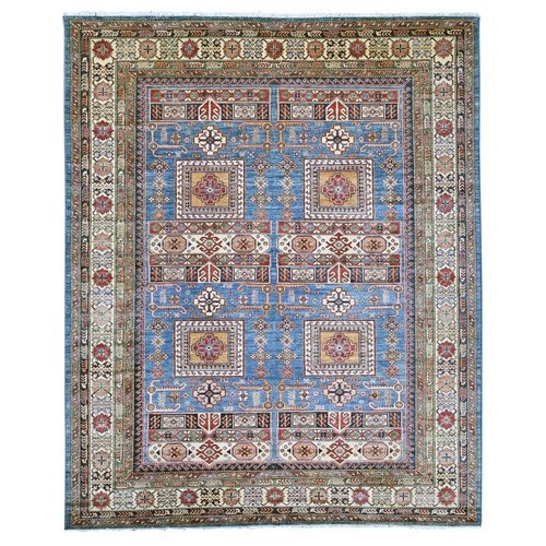 Bayern Blue, Afghan Super Kazak with Geometric Pattern, Hand Knotted, Pure Wool, Vegetable Dyes, Oriental 