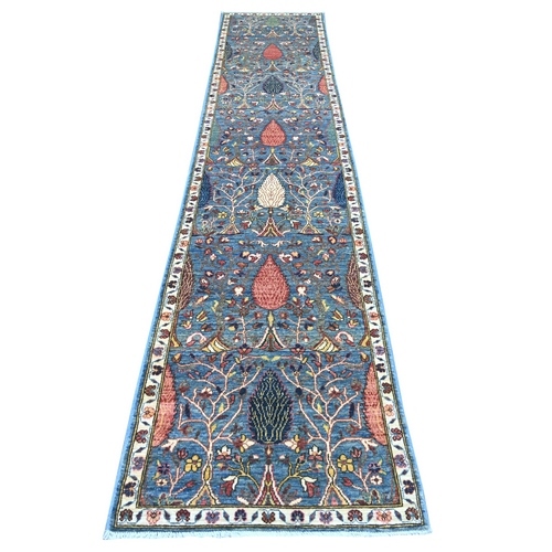 Aegean Blue, Ethnic Tribal Cypress Tree Design, Aryana Collection, Hand Knotted, High Mountain Wool, Soft Pile, Vegetable Dyes, Densely Woven, Runner, Oriental 