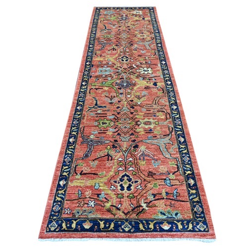 Coral Red, Peshawar with Bijar Garus Design, Aryana Collection, Hand Knotted, Vegetable Dyes, High Mountain Wool, Densely Woven, Runner, Oriental 