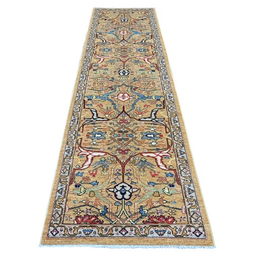 Golden Yellow, Peshawar with Bijar Garus Design, Aryana Collection, Hand Knotted, Vegetable Dyes, High Mountain Wool, Densely Woven, Runner, Oriental 