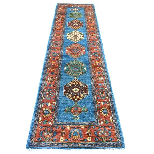 Bayern Blue, Aryana Collection, Open Field Bakshaish Design, Geometric Pattern, Hand Knotted, High Mountain Wool, Soft Pile, Vegetable Dyes, Densely Woven, Runner, Oriental 