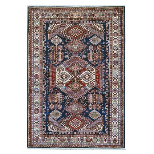 Yale Blue, Afghan Super Kazak with Geometric Design, Hand Knotted, Soft and Shiny Wool, Vegetable Dyes, Oriental 