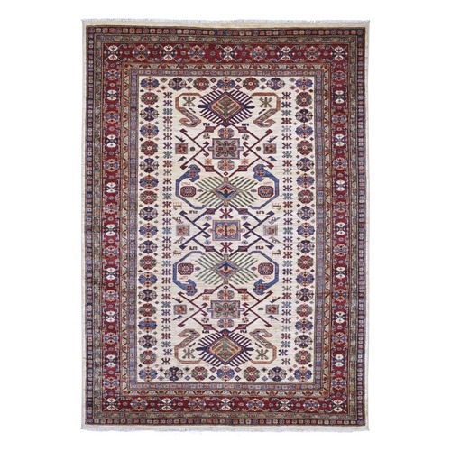 Chiffon White, Afghan Super Kazak with All Over Design, Hand Knotted, Soft Wool, Vegetable Dyes, Oriental 