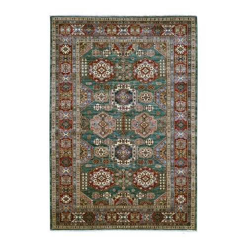 Teal Green, Afghan Super Kazak with Geometric Medallions Design, Hand Knotted, Pure Wool, Vegetable Dyes, Oriental 