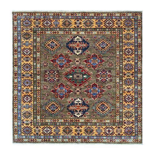 Beaver Brown, Afghan Super Kazak with Geometric Medallions Design, Hand Knotted, Pure Wool, Vegetable Dyes, Square, Oriental 