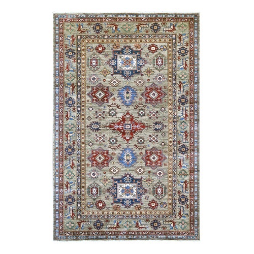 Stone Gray, Afghan Super Kazak with Geometric Medallions Design, Hand Knotted, Pure Wool, Vegetable Dyes, Oriental 
