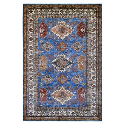 Bayern Blue, Afghan Super Kazak with Geometric Medallions Design, Hand Knotted, Pure Wool, Vegetable Dyes, Oriental 