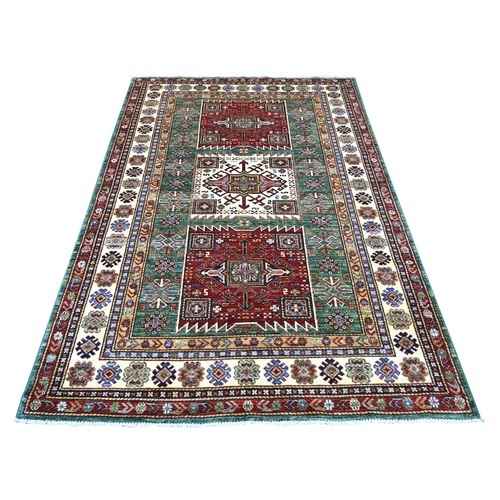Bottle Green, Afghan Super Kazak with Geometric Medallions Design, Hand Knotted, Pure Wool, Vegetable Dyes, Oriental 