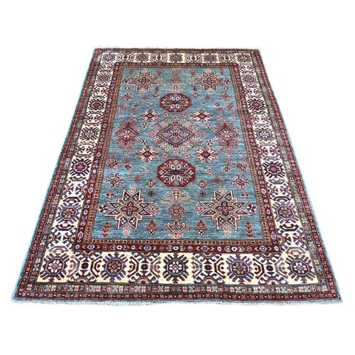 Misty Gray, Afghan Super Kazak with Geometric Medallions Design, Hand Knotted, Pure Wool, Vegetable Dyes, Oriental 
