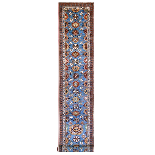 Marlin Blue, Aryana Grade, Mahal All Over Design, Hand Knotted, High Mountain Wool, Soft Pile, Vegetable Dyes, Densely Woven, XL Runner, Oriental 