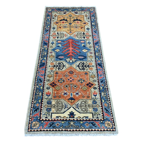 Spanish Gray, Afghan Peshawar with Caucasian Akstafa Design, Aryana Collection, Hand Knotted, High Mountain Wool, Runner, Oriental 