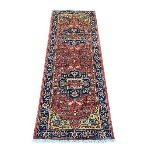 Auburn Red, Aryana Grade, Heriz Revival with Medallions Design, Hand Knotted, High Mountain Wool, Narrow Runner, Oriental 