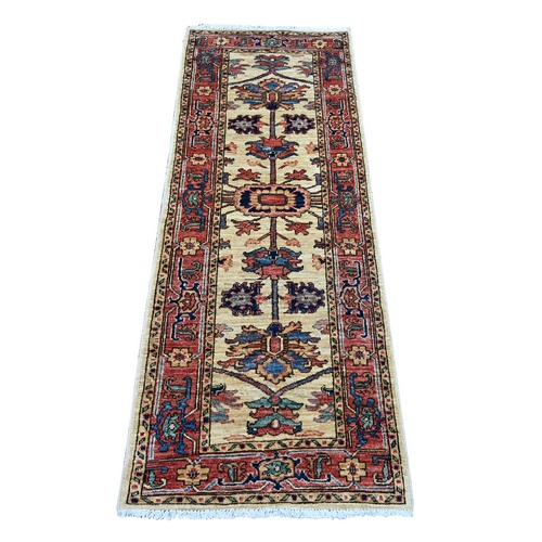 Cream White, Hand Knotted, Heriz Design, High Mountain Wool, Aryana Grade, Soft Pile, Vegetable Dyes, Densely Woven, Narrow Runner, Oriental 